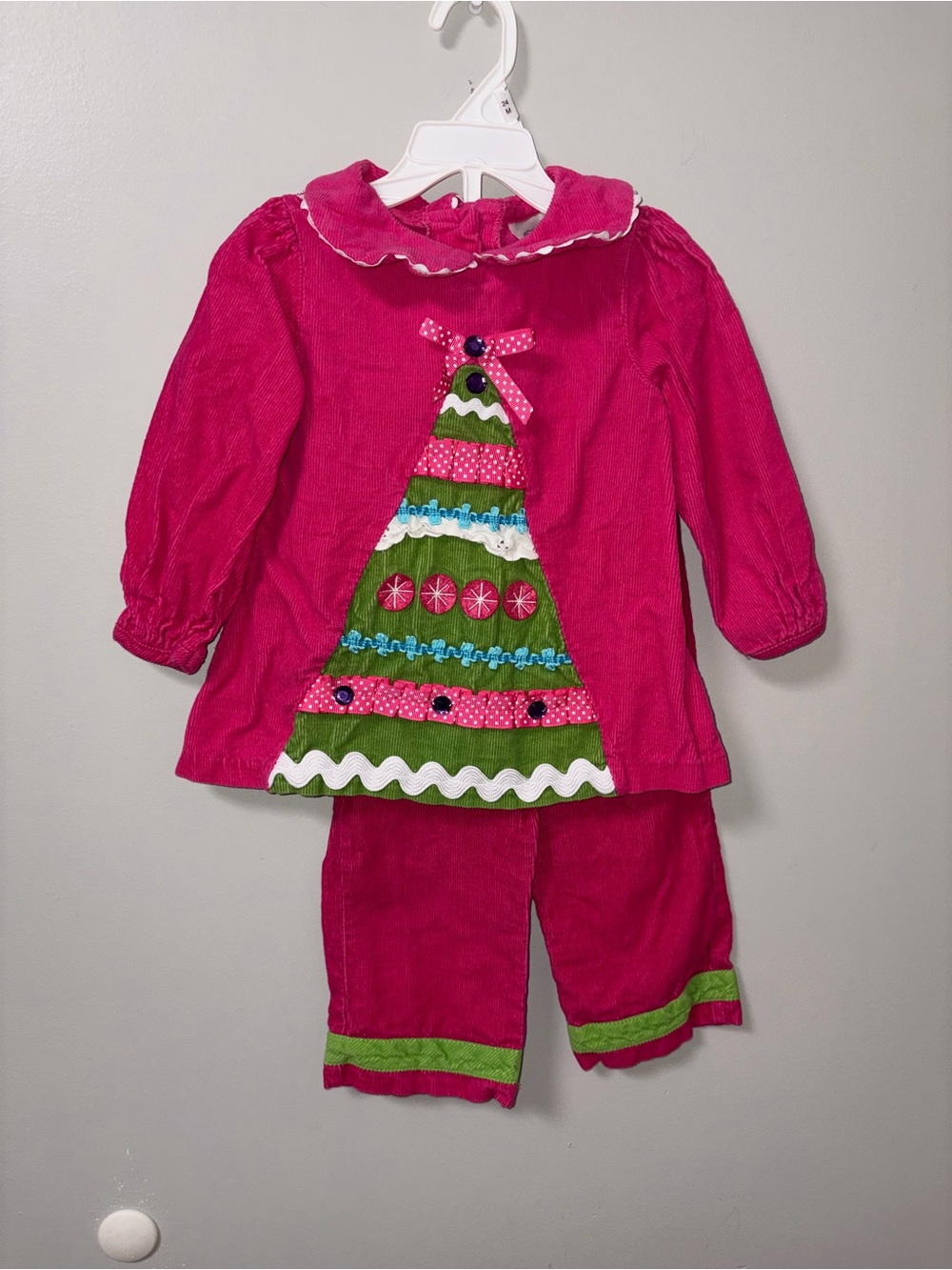 Rare Editions Hot Pink & Green Christmas Tree Courdory Set Peter Pan Collar 2T